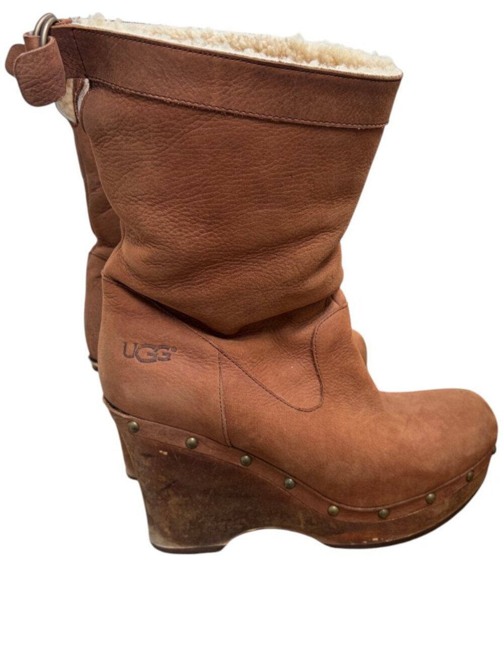 UGG Womens 9 Carnegie Brown Suede Leather Shearling Lined Wedge Heeled Boots - Picture 5 of 12